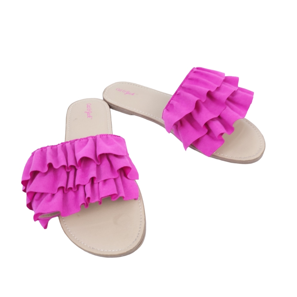 Cat & Jack Girls Sandals Open Toe Size 3, Tan, Pink Ruffles, Flat Summer Shoes